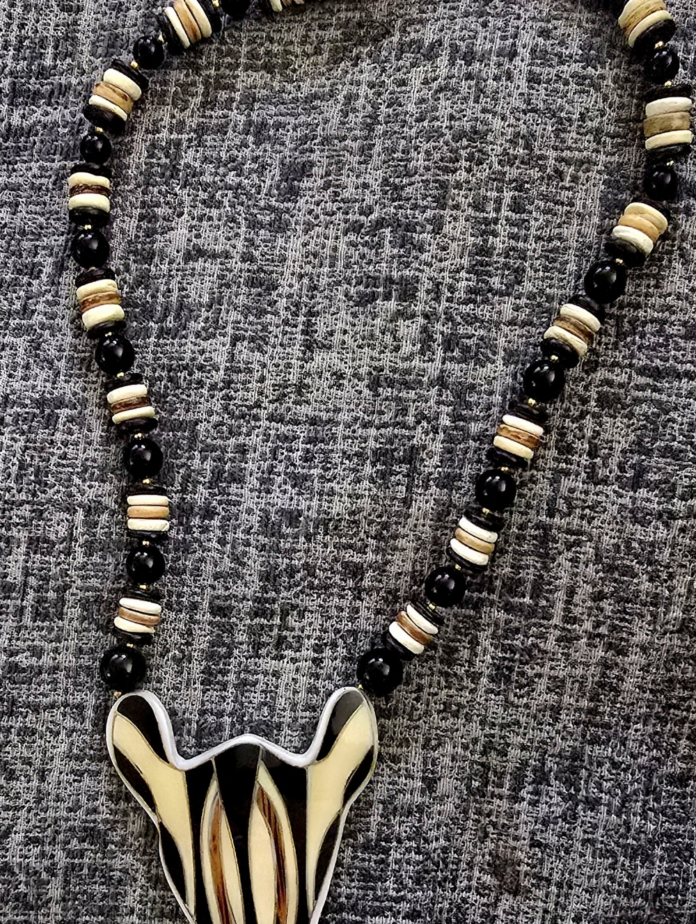 Lee Sands Black & Cream Beaded Pendant Necklace - Handcrafted Tribal Style. - Picture 3 of 3